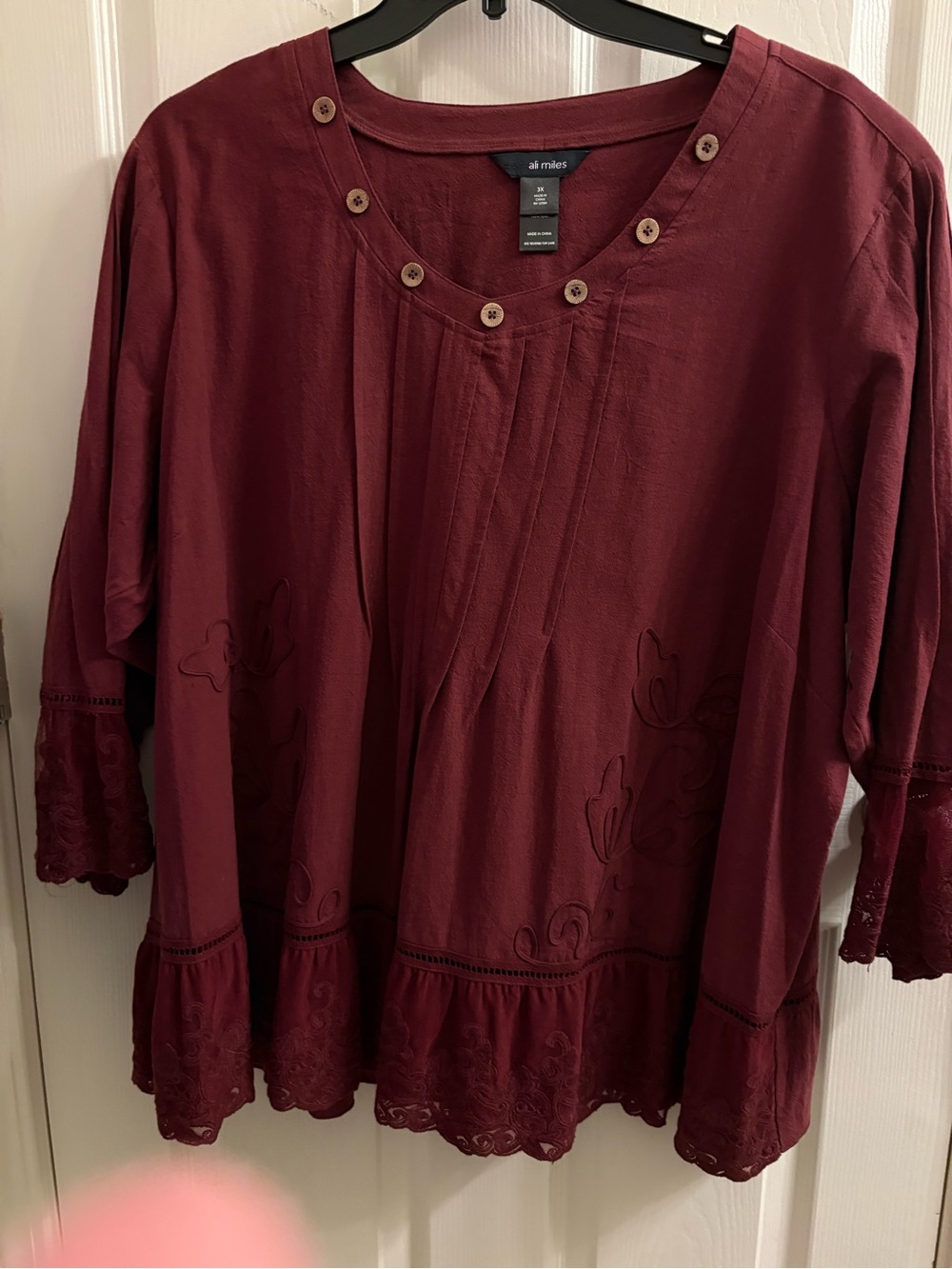 Ali Miles Burgundy Embroidered Button-Trim Blouse